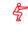 Pictogramme d'exercices de fitness : lever de genou, squat (figure rouge), et pompe. Entraînement complet.