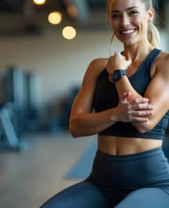 Femme souriante en tenue de sport noire, affichant un corps athlétique dans une salle de gym, montre connectée au poignet.