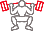 Icône stylisée d'un athlète en position de squat, soulevant une barre d'haltères avec des poids rouges intenses. Symbole de force et entraînement.