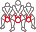 Trois silhouettes stylisées de lutteurs de sumo en position accroupie, vêtus de mawashi rouges.